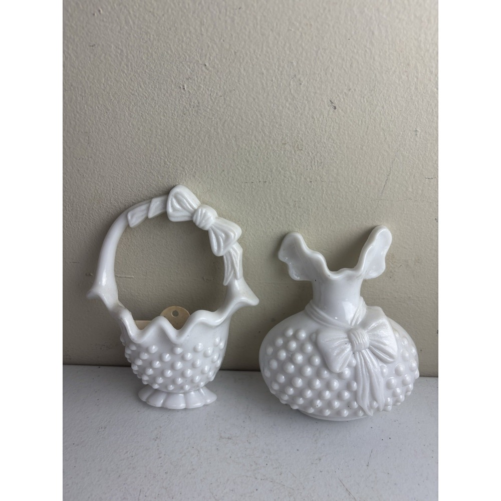 Vtg Burwood Plastic White Hobnail Basket Vase Wall Plaques Faux Milk Glass